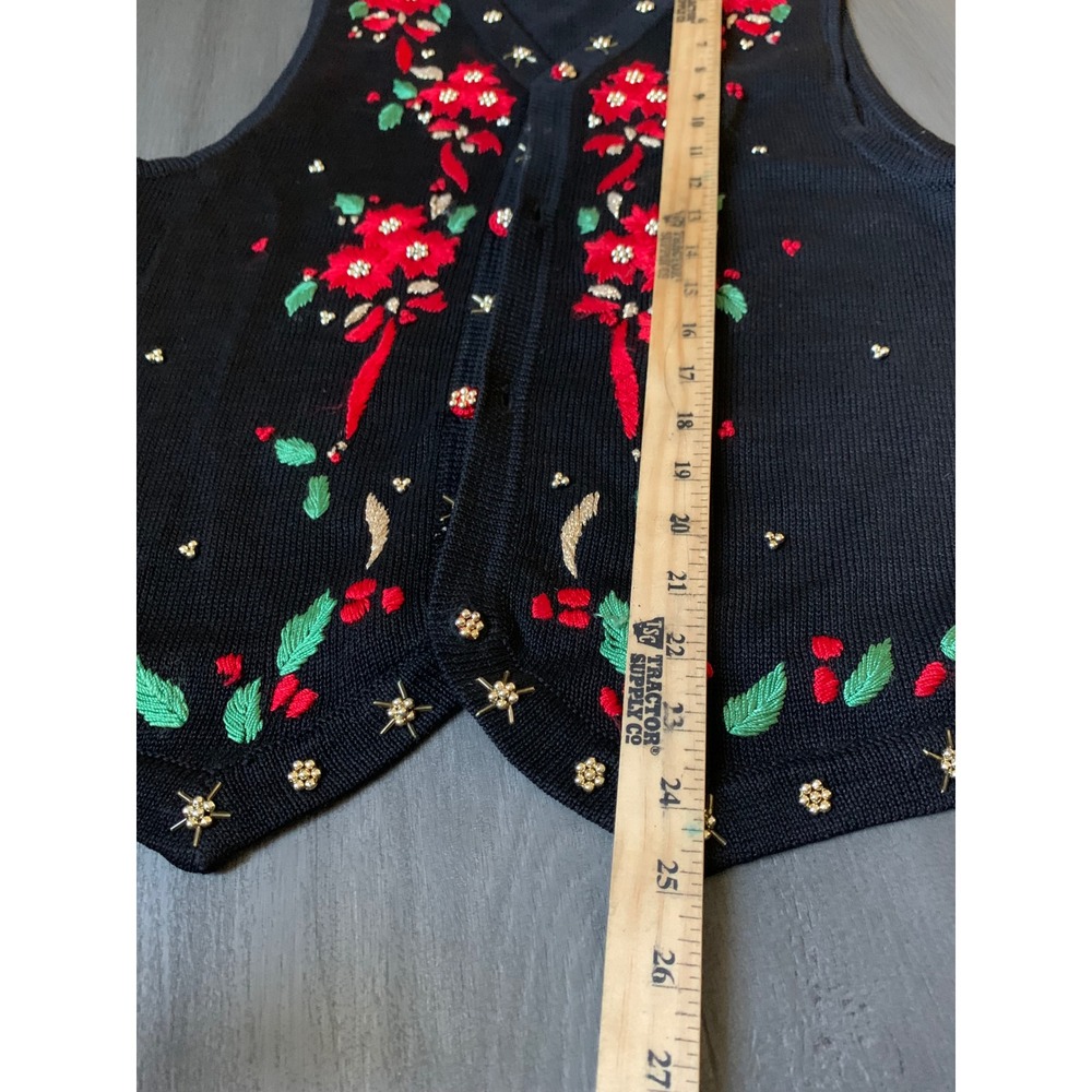 Womens M vintage‎ red black embroidered holly Christmas floral sweater vest knit - Picture 5 of 6